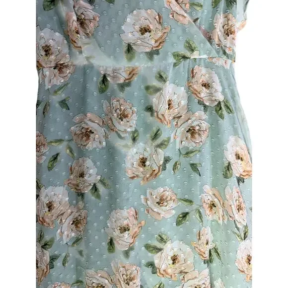 Altar’d State Green Floral Midi Dress Ruffle Sleeve V Neck No Belt - Picture 7 of 10